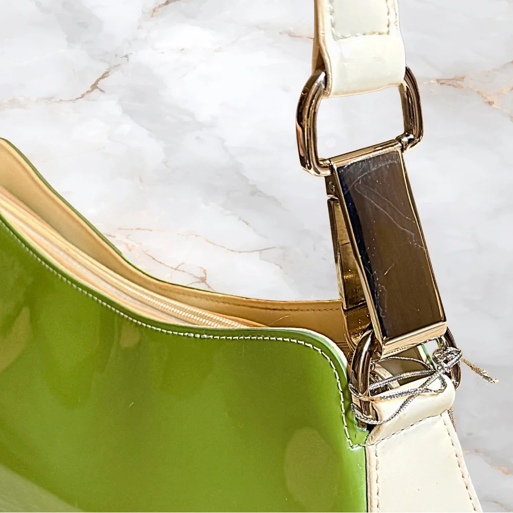 Beijo Y2K Avocado Green Glossy Hobo Shoulder Bag NWT White Trim Deadstock - Picture 8 of 13
